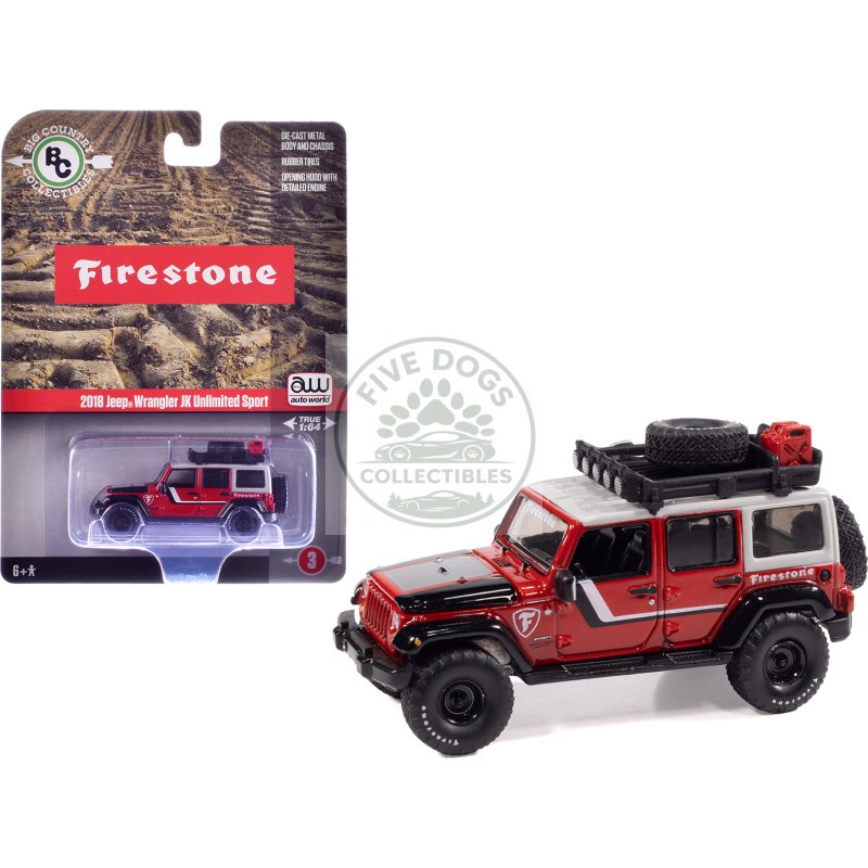 2018 jeep wrangler jk unlimited sport "firestone field agent" red with graphics and gray top with roof rack "big country collectibles" 2025 series 1/64 diecast model car by auto world