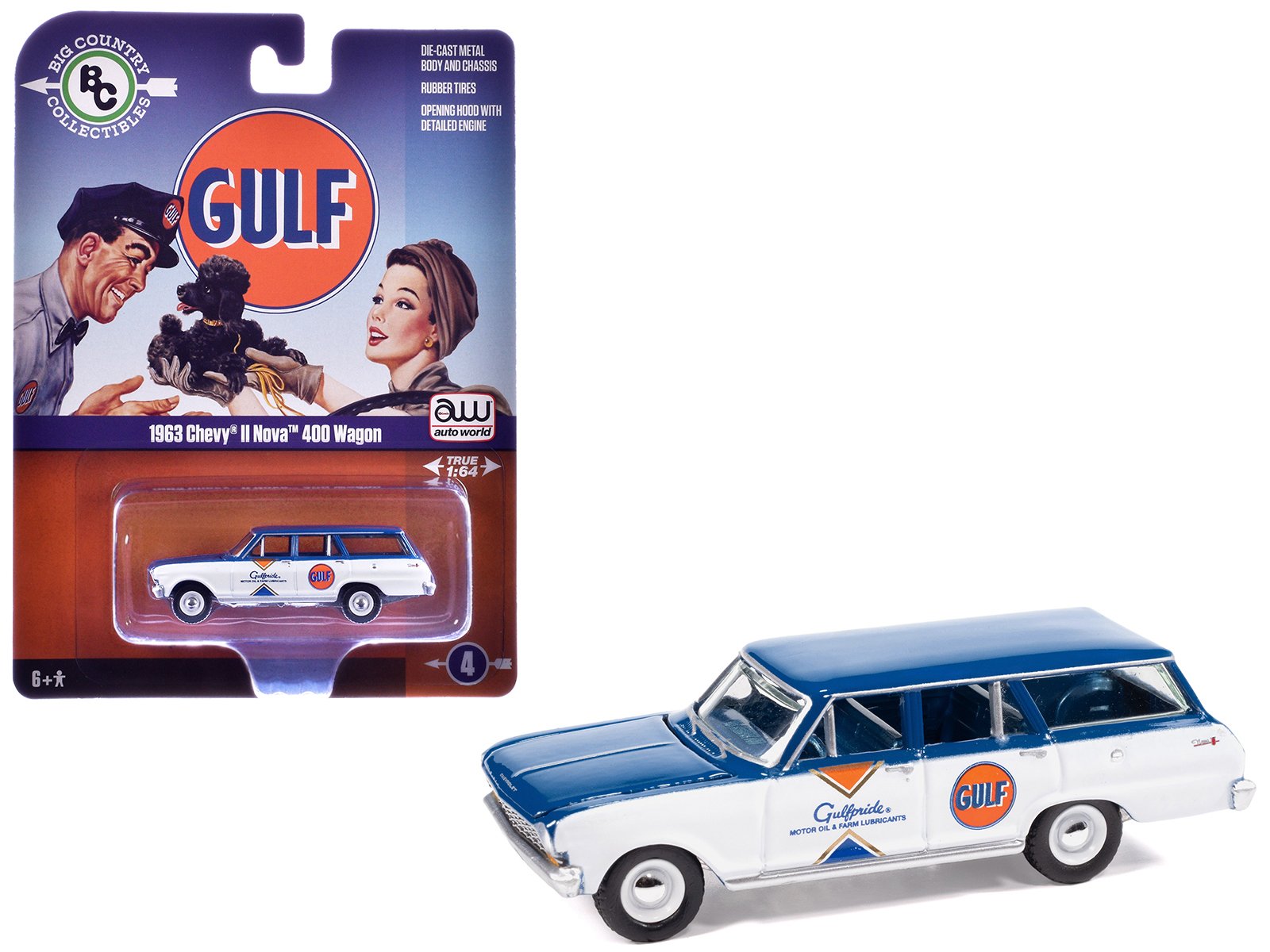 1963 chevrolet ii nova 400 wagon "gulf" blue and white with blue interior "big country collectibles" 2025 series 1/64 diecast model car by auto world 1963 chevrolet ii nova 400 wagon "gulf" blue and white with blue interior "big country collectibles" 2025 series 1/64 diecast model car by auto world