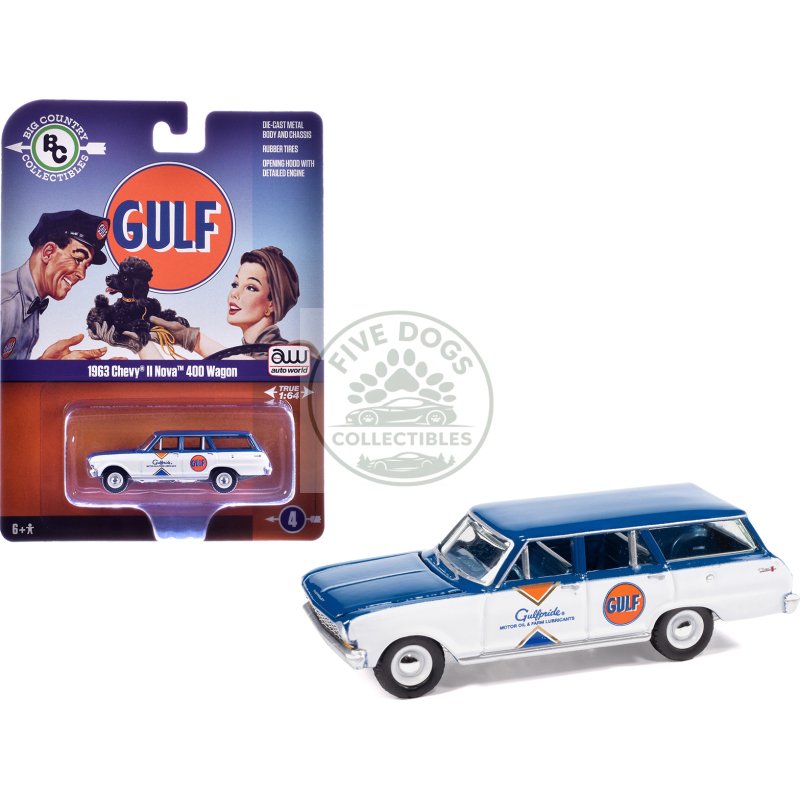 1963 chevrolet ii nova 400 wagon "gulf" blue and white with blue interior "big country collectibles" 2025 series 1/64 diecast model car by auto world