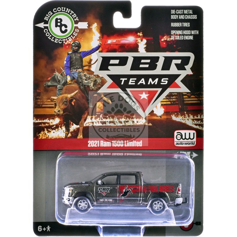 2021 ram 1500 limited pickup truck "pbr (professional bull riders)" gray metallic with graphics "big country collectibles" 2025 series 1/64 diecast model car by auto world