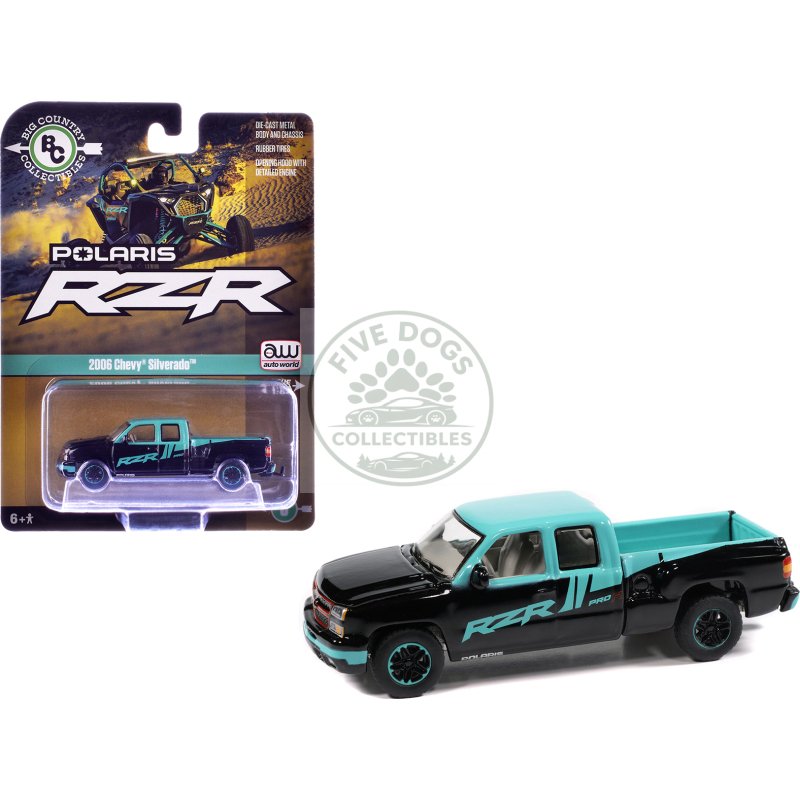 2006 chevrolet silverado pickup truck "polaris rzr" black and blue "big country collectibles" 2025 series 1/64 diecast model car by auto world