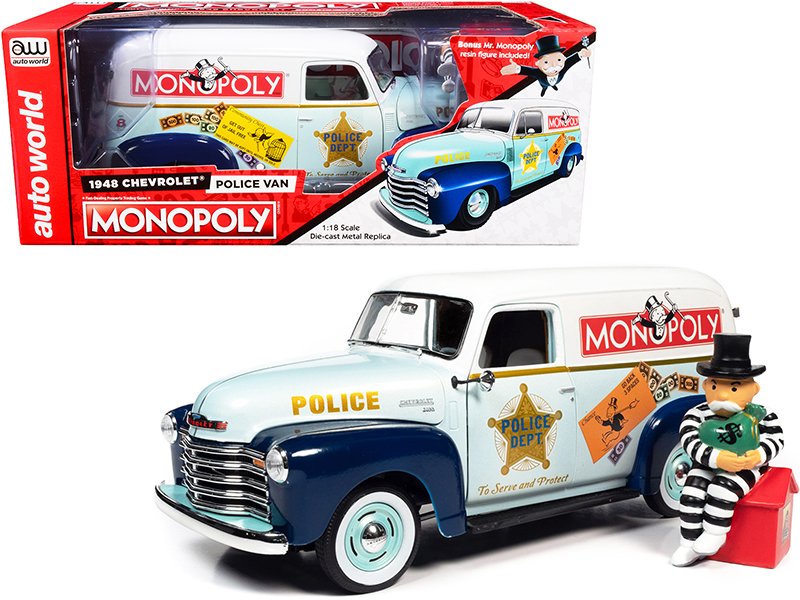 1948 chevrolet panel police van with mr. monopoly figurine "monopoly" 1/18 diecast model car by auto world 1948 chevrolet panel police van with mr. monopoly figurine "monopoly" 1/18 diecast model car by auto world