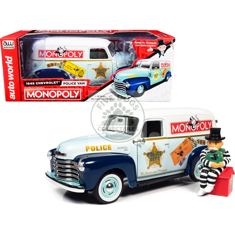 1948 chevrolet panel police van with mr. monopoly figurine "monopoly" 1/18 diecast model car by auto world