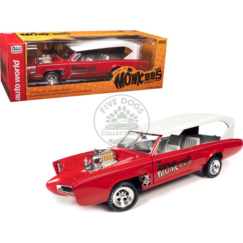 monkeemobile red with white top and interior "the monkees" with four monkees figure cutouts "silver screen machines" series 1/18 diecast model car by auto world