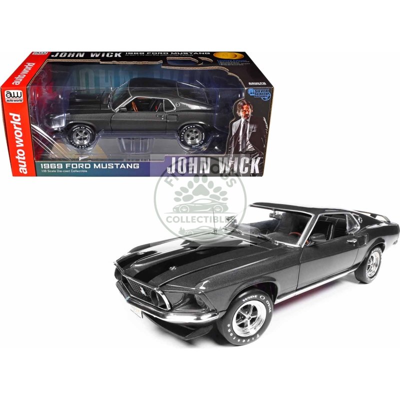 1969 ford mustang dark gray metallic with black stripes "john wick" (2014) movie "silver screen machines" series 1/18 diecast model car by auto world
