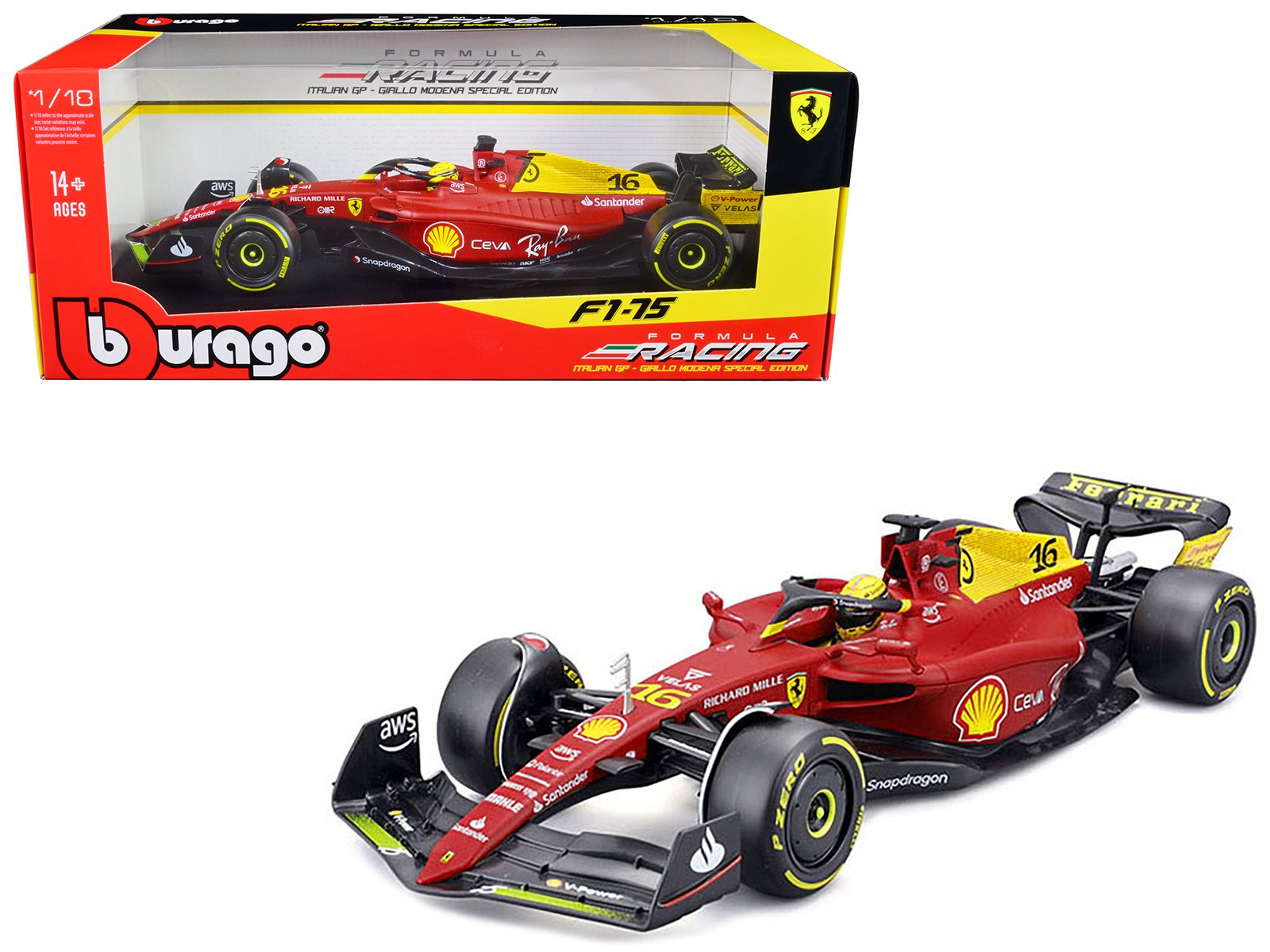 ferrari f1 75 #16 charles leclerc "giallo modena" 2nd place formula one f1 italian gp (2022) "formula racing" series 1/18 diecast model car by bburago ferrari f1 75 #16 charles leclerc "giallo modena" 2nd place formula one f1 italian gp (2022) "formula racing" series 1/18 diecast model car by bburago