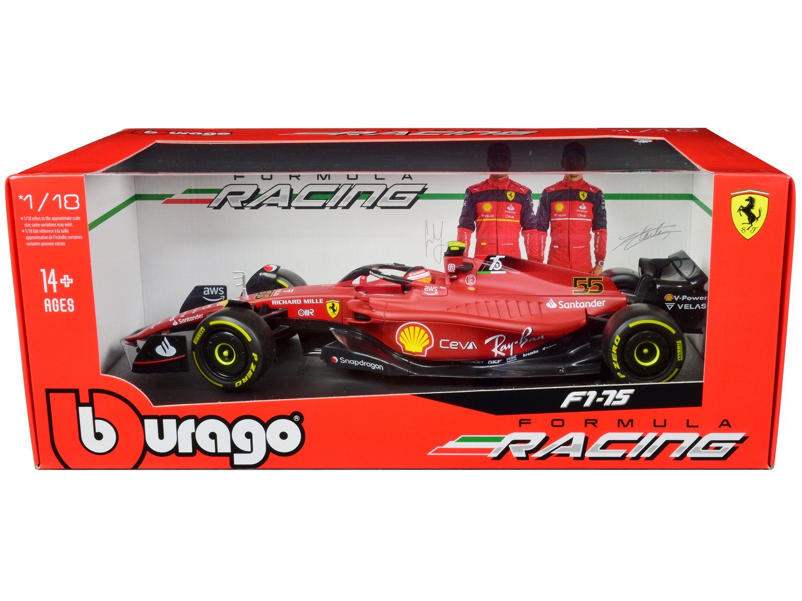 ferrari f1 75 #55 carlos sainz "ferrari racing" formula one f1 (2022) "formula racing" series 1/18 diecast model car by bburago ferrari f1 75 #55 carlos sainz "ferrari racing" formula one f1 (2022) "formula racing" series 1/18 diecast model car by bburago