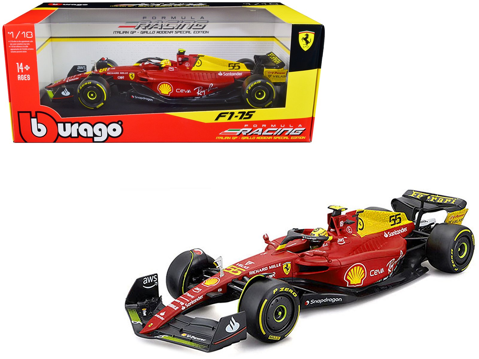 ferrari f1 75 #55 carlos sainz "giallo modena" formula one f1 italian gp (2022) "formula racing" series 1/18 diecast model car by bburago ferrari f1 75 #55 carlos sainz "giallo modena" formula one f1 italian gp (2022) "formula racing" series 1/18 diecast model car by bburago