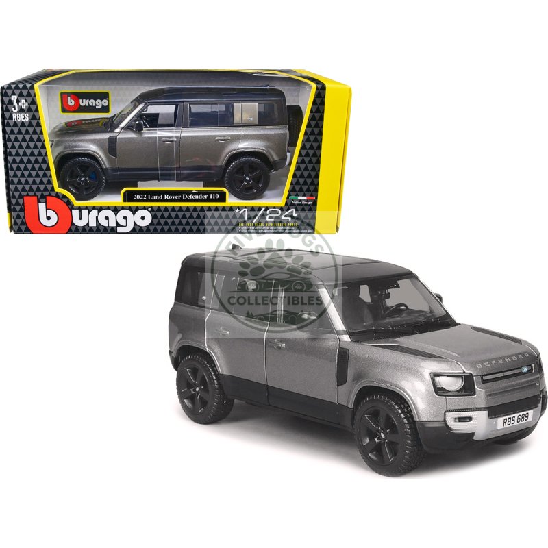 2022 land rover defender 110 dark silver metallic with black top and sunroof 1/24 diecast model car by bburago