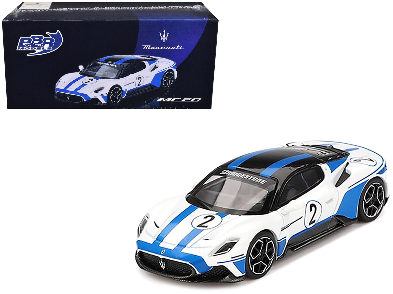maserati mc20 #2 white with blue stripes and black top "maserati performance experience" 1/64 diecast model car by bbr maserati mc20 #2 white with blue stripes and black top "maserati performance experience" 1/64 diecast model car by bbr