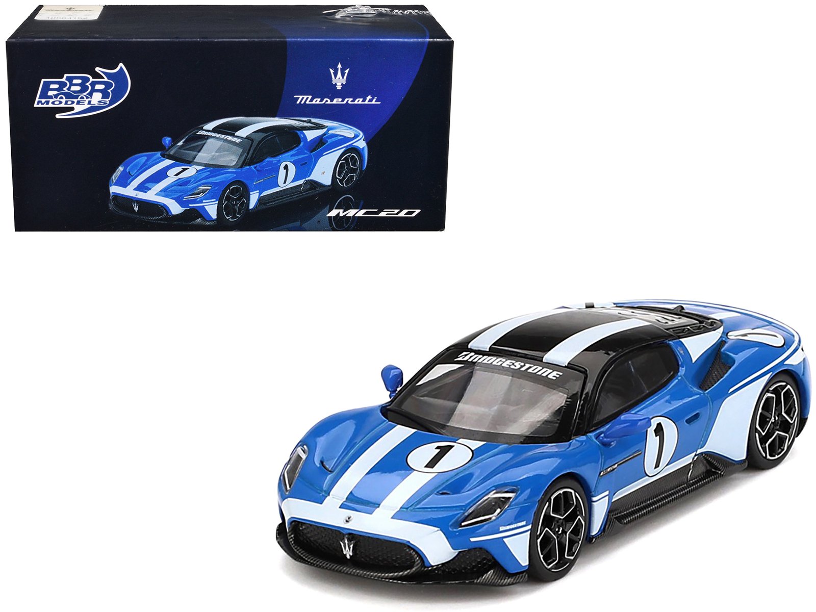 maserati mc20 #1 blue with white stripes and black top "maserati performance experience" 1/64 diecast model car by bbr maserati mc20 #1 blue with white stripes and black top "maserati performance experience" 1/64 diecast model car by bbr