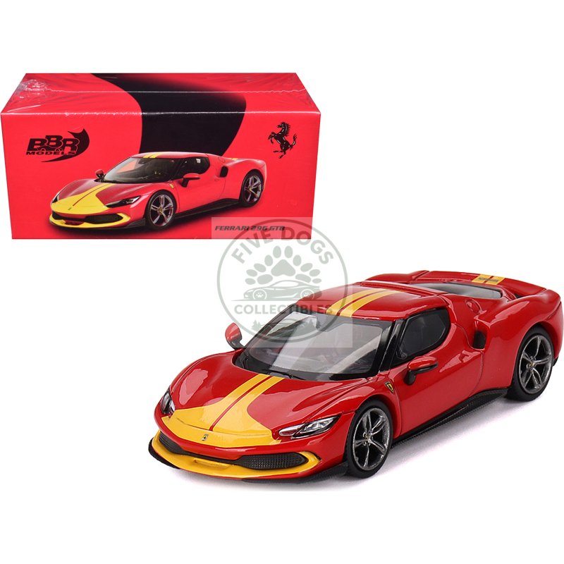 ferrari 296 gtb assetto fiorano rosso corsa red with yellow stripes 1/64 diecast model car by bbr