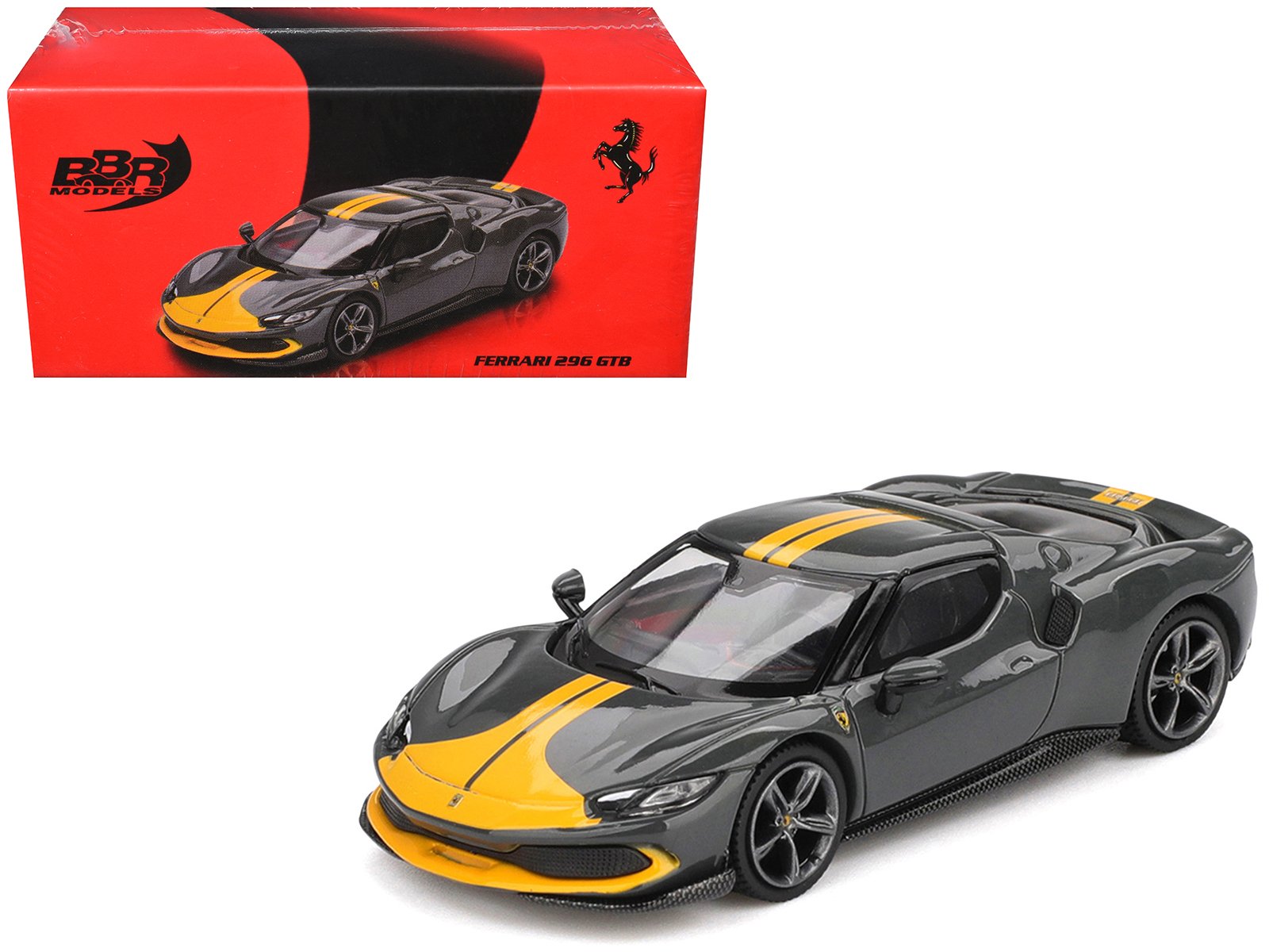 ferrari 296 gtb assetto fiorano grigio scuro (dark gray) with yellow stripes 1/64 diecast model car by bbr ferrari 296 gtb assetto fiorano grigio scuro (dark gray) with yellow stripes 1/64 diecast model car by bbr