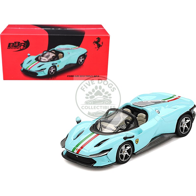ferrari daytona sp3 light blue with italian flag stripes 1/64 diecast model car by bbr