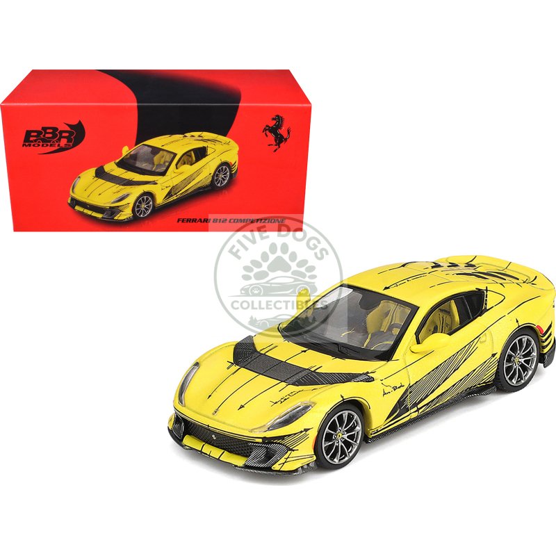 ferrari 812 competizione matt yellow with graphics and yellow interior "tailor made" 1/64 diecast model car by bbr