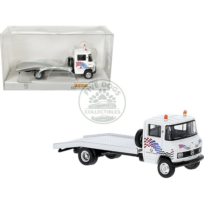 1968 mercedes benz l 608 d flatbed truck white with graphics "bmw autohaus" 1/87 (ho) scale model car by brekina