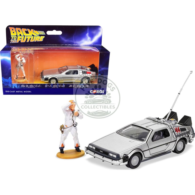 dmc delorean time machine with doc brown figure "back to the future" (1985) movie diecast model car by corgi
