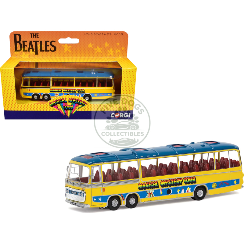the beatles "magical mystery tour" bus yellow with blue top and graphics diecast model car by corgi