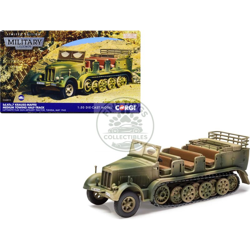 krauss maffei sd.kfz.7 medium towing half track afv "luftwaffe flak gun artillery tractor tunisia" (1943) german army "military legends" series 1/50 diecast model by corgi