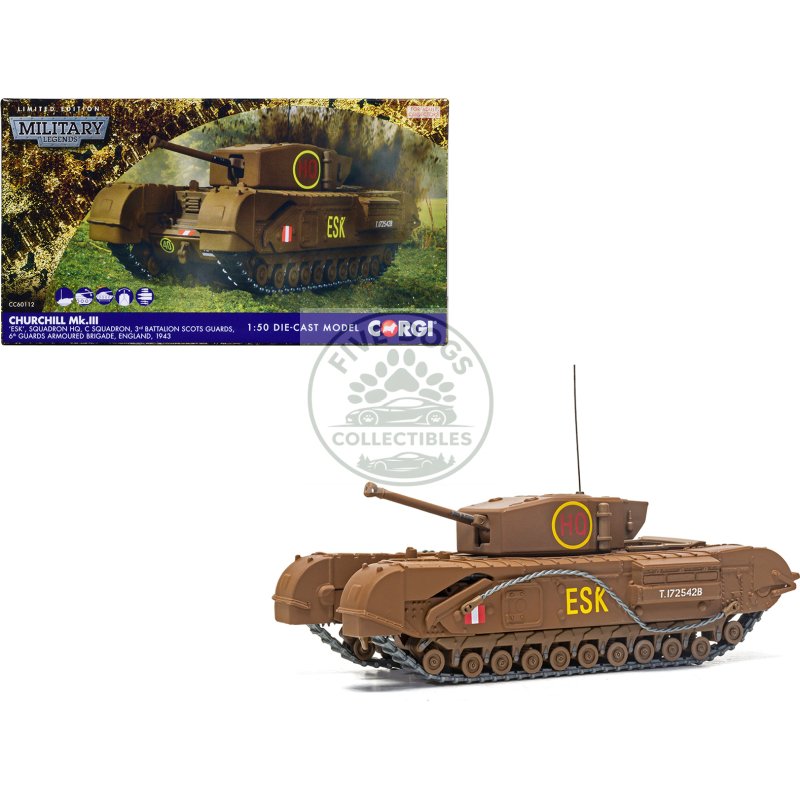 churchill mk.iii tank "esk squadron hq c squadron 3rd battalion scots guards 6th guards armoured brigade" (1943) british royal army "military legends" series 1/50 diecast model by corgi