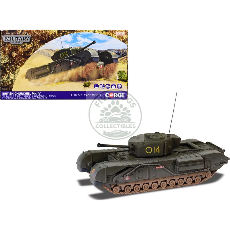 churchill mk.iv tank "'to catch a tiger' 'toledo' c squadron 14 troop 21st army tank brigade tunisia" (1943) british royal army "military legends" series 1/50 diecast model by corgi