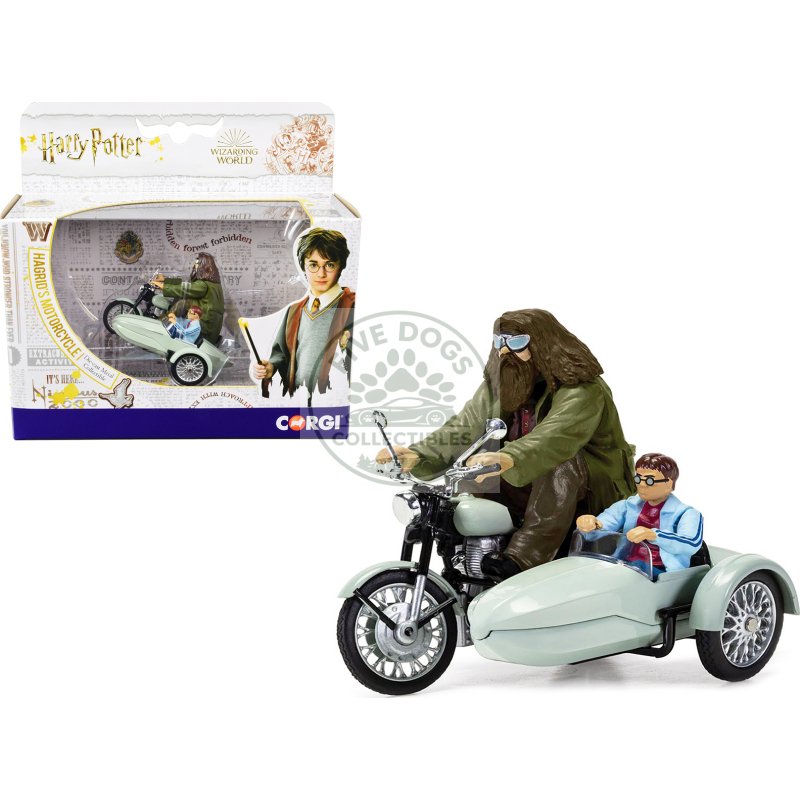 motorcycle and sidecar light green with harry and hagrid figures "harry potter and the deathly hallows part 1" (2010) movie diecast motorcycle model by corgi