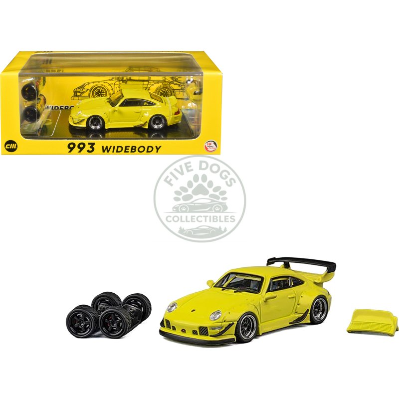 993 widebody yellow with extra wheels and spoiler 1/64 diecast model car by cm model