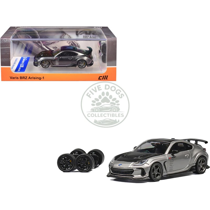 subaru brz varis arising 1 rhd (right hand drive) gray metallic with carbon hood and top and extra wheels 1/64 diecast model car by cm model