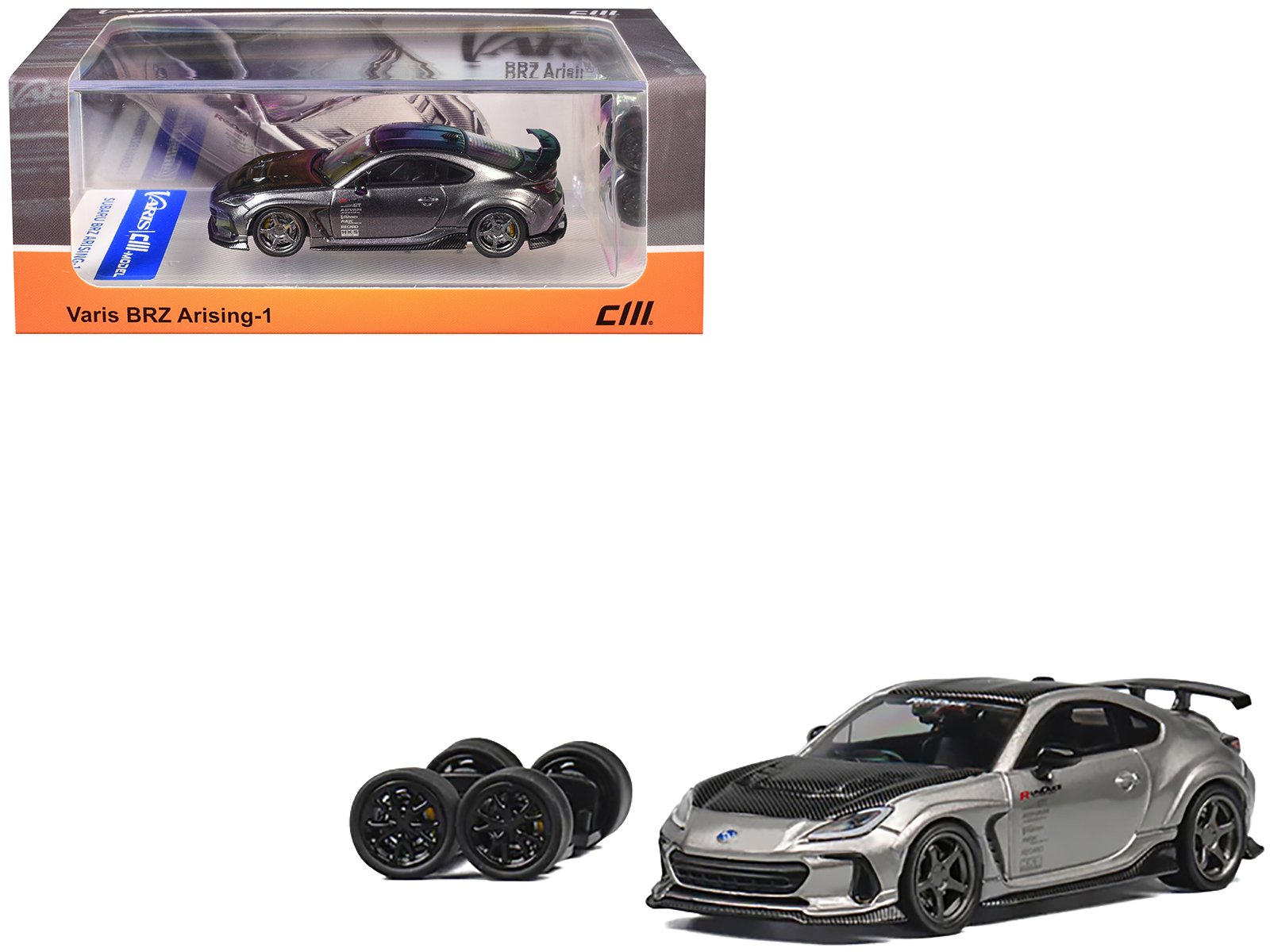 subaru brz varis arising 1 rhd (right hand drive) gray metallic with carbon hood and top and extra wheels 1/64 diecast model car by cm model subaru brz varis arising 1 rhd (right hand drive) gray metallic with carbon hood and top and extra wheels 1/64 diecast model car by cm model