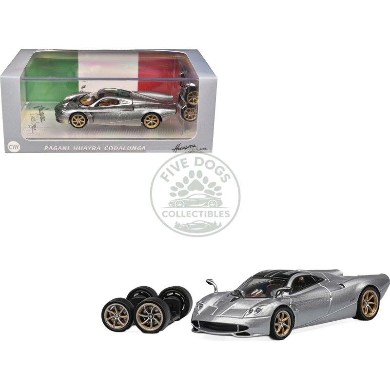 pagani huayra codalunga silver metallic with sunroof and extra wheels 1/64 diecast model car by cm model