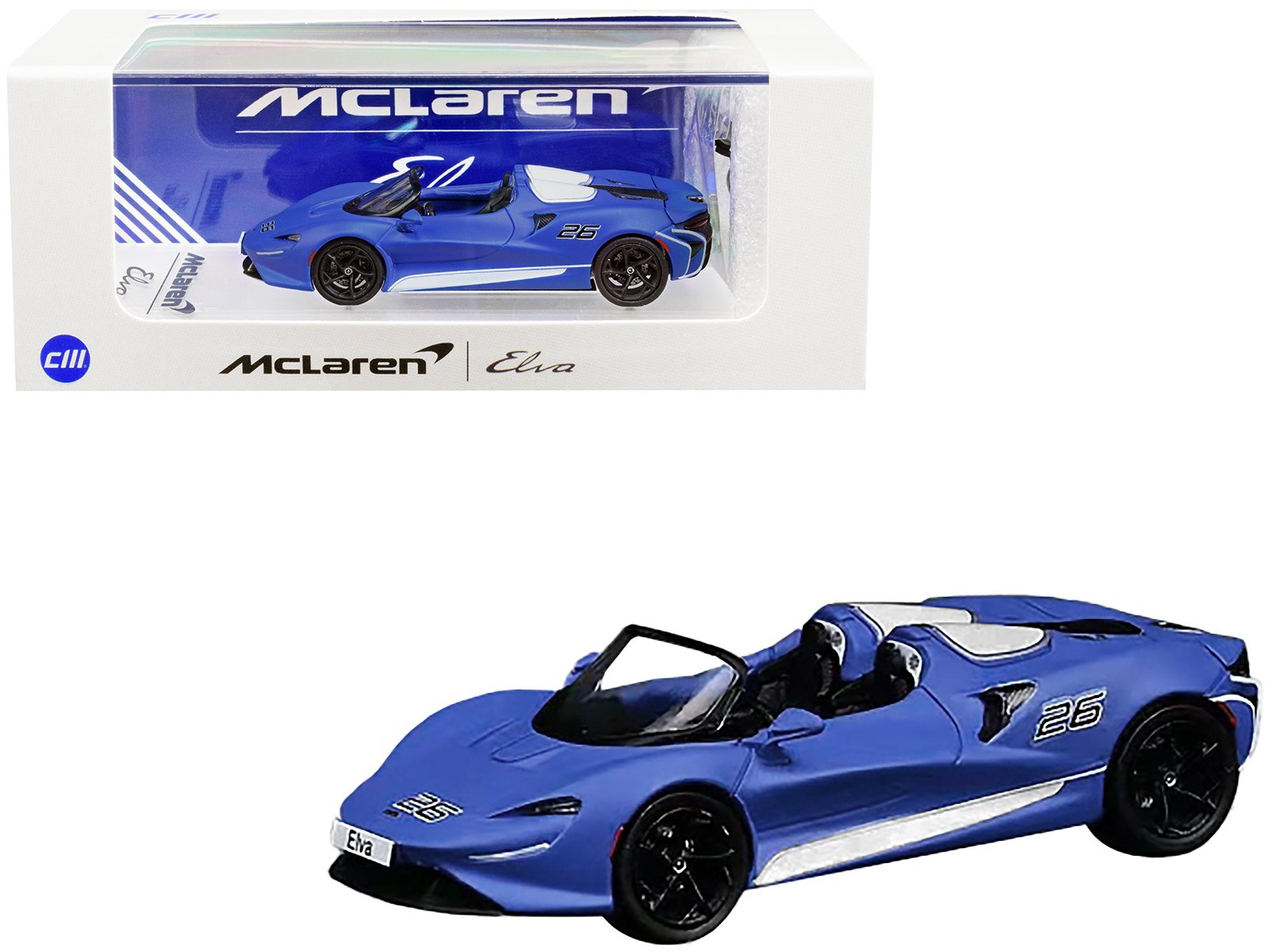 mclaren elva convertible #26 matt blue with white stripes and extra wheels 1/64 diecast model car by cm model mclaren elva convertible #26 matt blue with white stripes and extra wheels 1/64 diecast model car by cm model