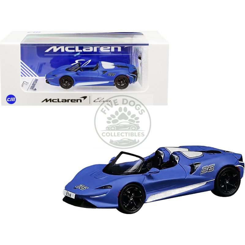 mclaren elva convertible #26 matt blue with white stripes and extra wheels 1/64 diecast model car by cm model