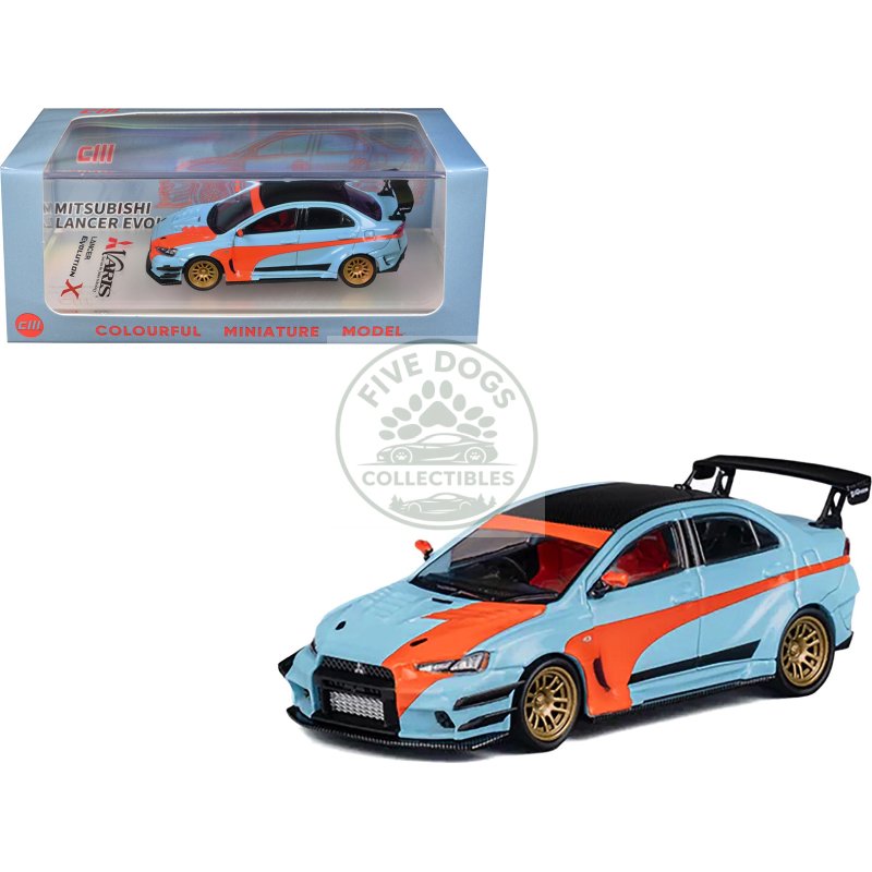 mitsubishi lancer evolution x varis rhd (right hand drive) light blue with black top and orange stripes 1/64 diecast model car by cm model
