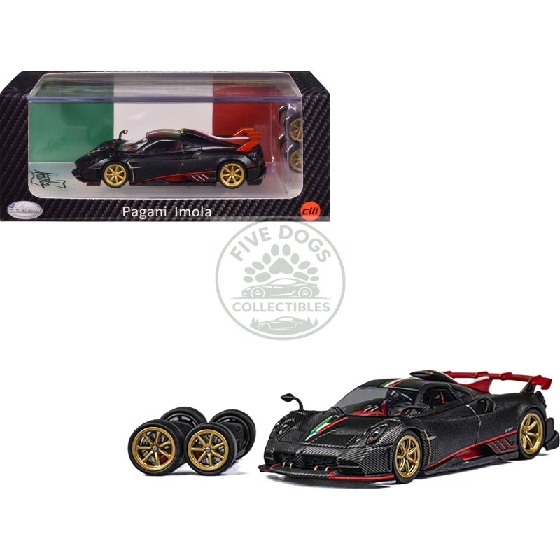 pagani imola black carbon with italian flag stripes with extra wheels 1/64 diecast model car by cm model