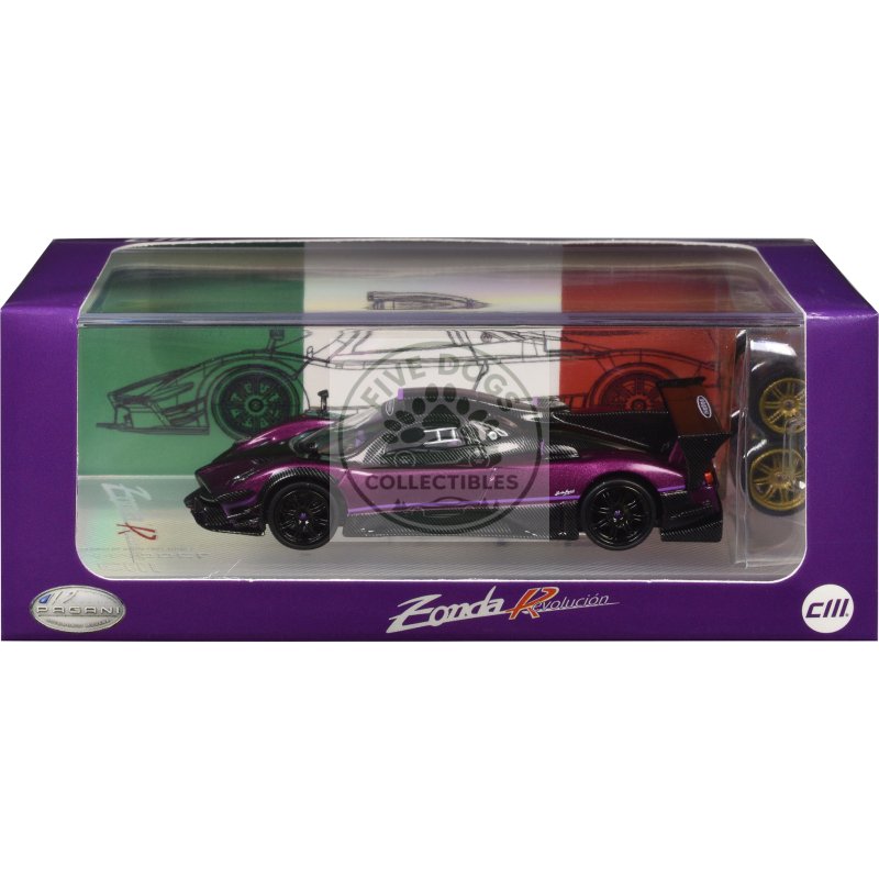 pagani zonda revolucion purple metallic and carbon with extra wheels 1/64 diecast model car by cm model