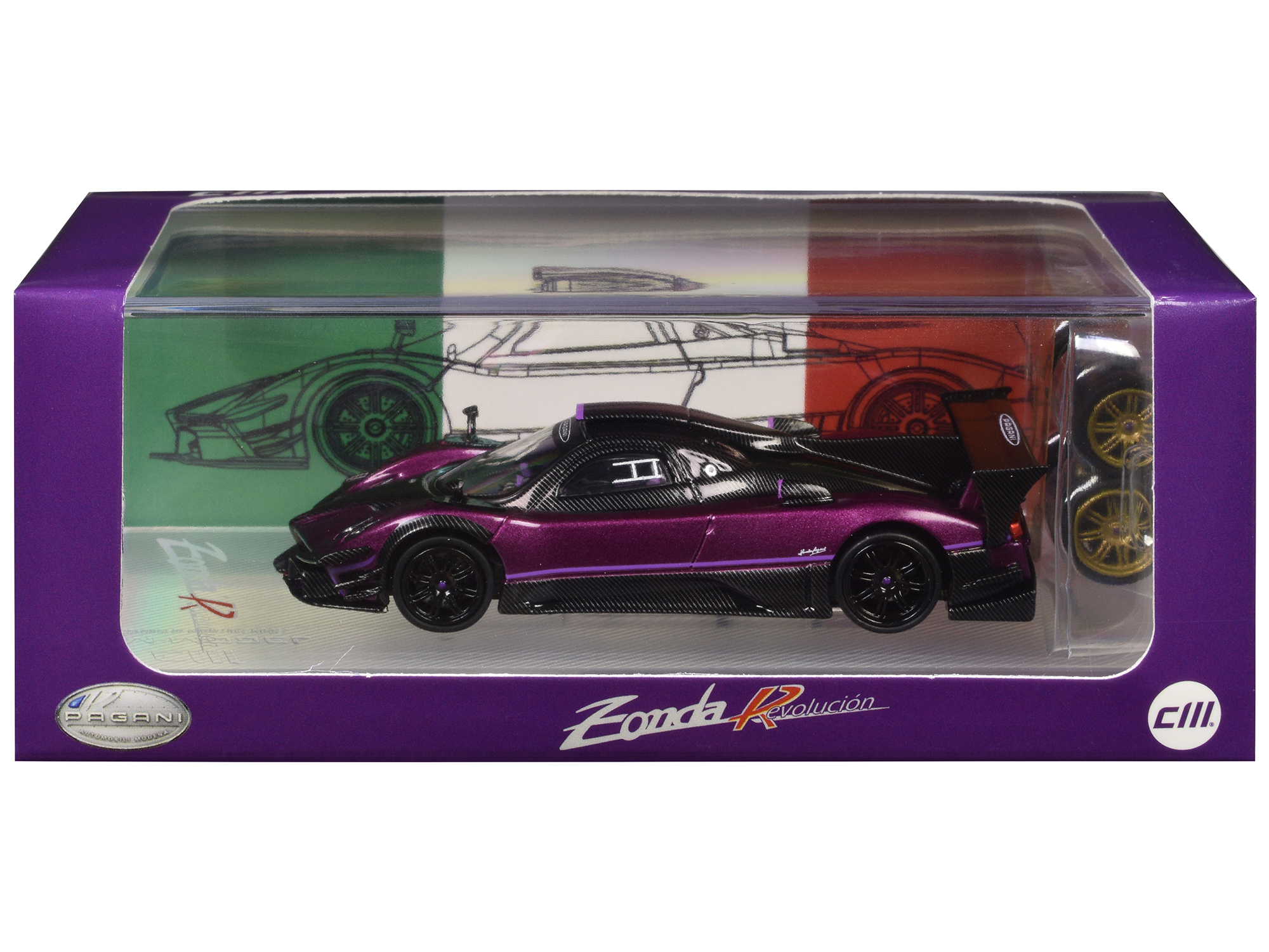 pagani zonda revolucion purple metallic and carbon with extra wheels 1/64 diecast model car by cm model pagani zonda revolucion purple metallic and carbon with extra wheels 1/64 diecast model car by cm model