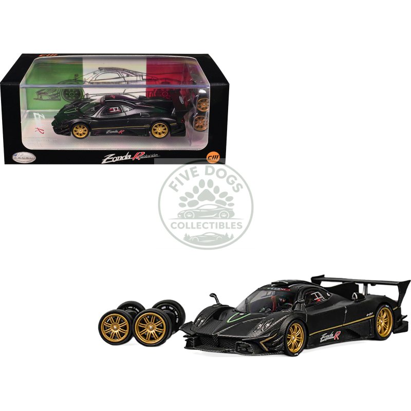 pagani zonda revolucion black carbon with extra wheels 1/64 diecast model car by cm model