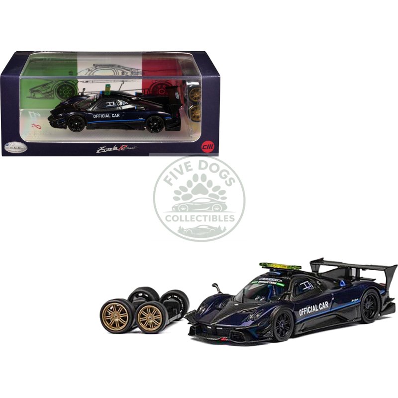 pagani zonda revolucion "official car" dark blue and carbon with extra wheels 1/64 diecast model car by cm model