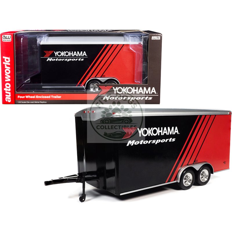 four wheel enclosed car trailer "yokohama motorsports" black and red for 1/18 scale model cars by auto world