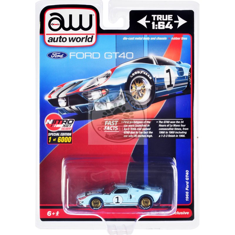 1966 ford gt40 rhd (right hand drive) #1 light blue with stripes limited edition to 6000 pieces worldwide 1/64 diecast model car by auto world