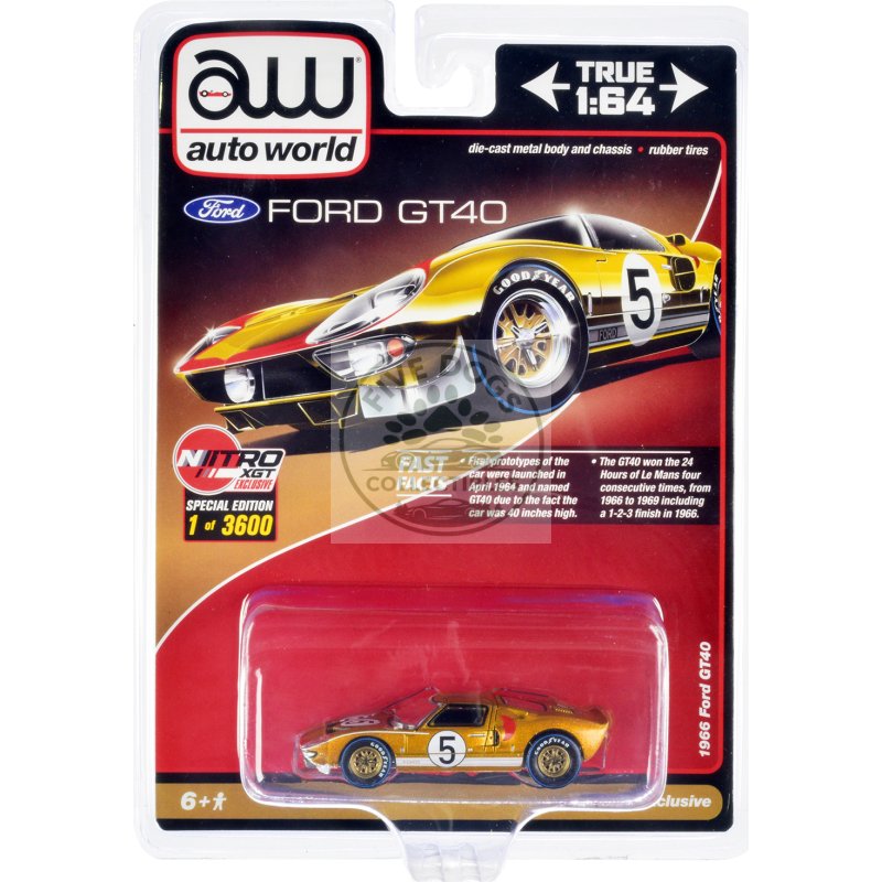 1966 ford gt40 rhd (right hand drive) #5 gold with graphics limited edition to 3600 pieces worldwide 1/64 diecast model car by auto world