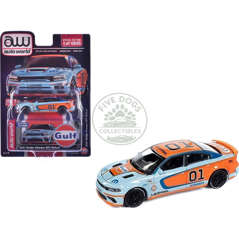 2021 dodge charger srt hellcat #01 "gulf oil mopar" light blue and orange limited edition to 4800 pieces worldwide 1/64 diecast model car by auto world