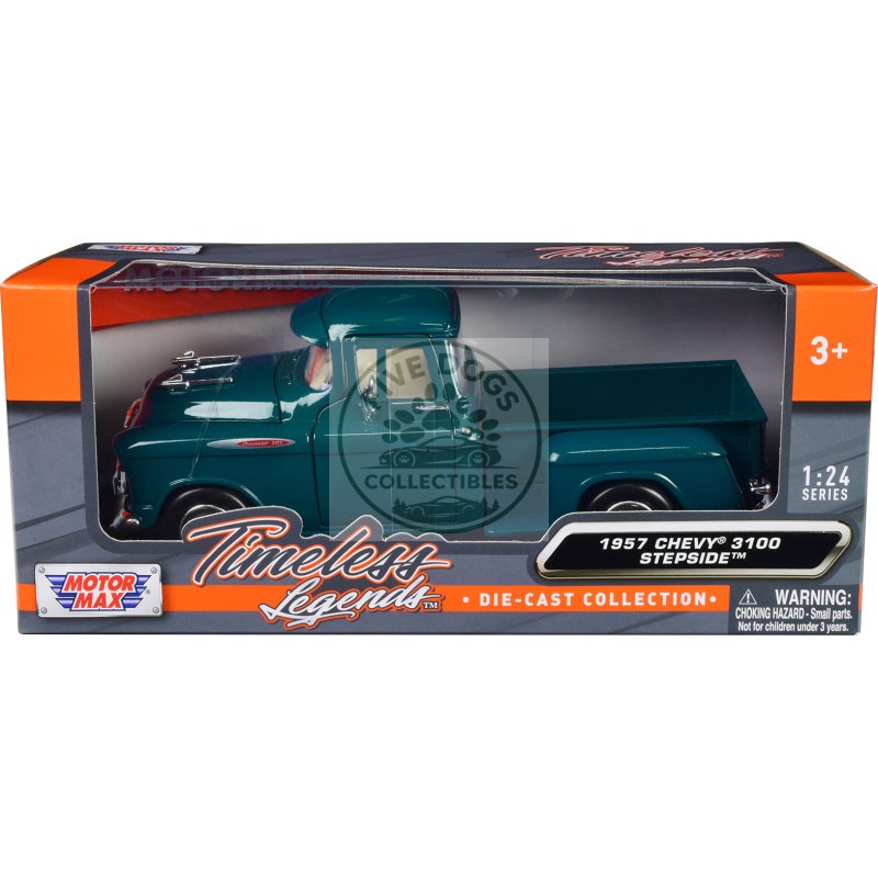 1957 chevrolet 3100 stepside pickup truck teal metallic "timeless legends" series 1/24 diecast model car by motormax