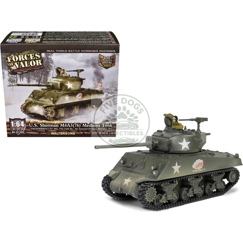 u.s. sherman m4a3(76) medium tank "thunderbolt iv 37th tank battalion 4th armored division bastogne" (1944) united states army "mini afv" series 1/64 diecast model by forces of valor