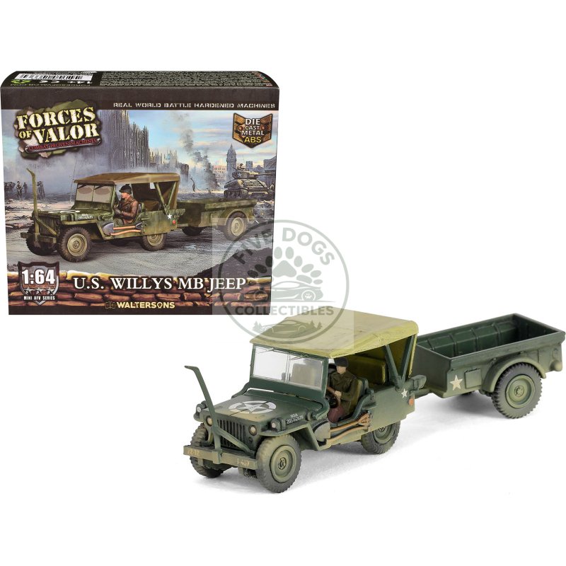 willys mb jeep with trailer olive drab (weathered) with driver figure "united states army" "mini afv" series 1/64 diecast model by forces of valor