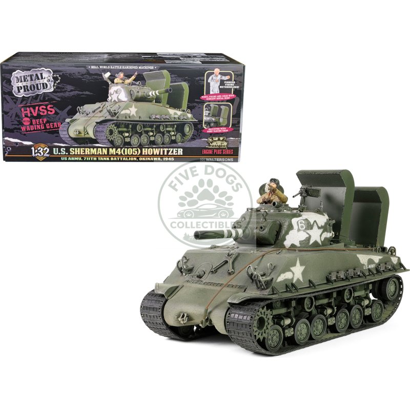 sherman m4 (105) howitzer medium tank "us army 711th tank battalion okinawa" (1945) "engine plus" series 1/32 diecast model by metal proud