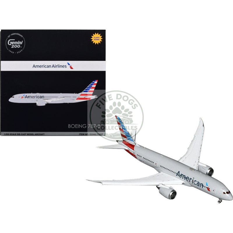 boeing 787 8 commercial aircraft with flaps down "american airlines" gray with tail stripes "gemini 200" series 1/200 diecast model airplane by geminijets