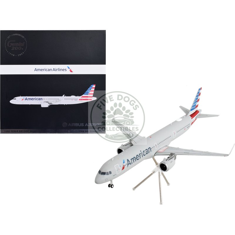 airbus a321neo commercial aircraft "american airlines" silver with striped tail "gemini 200" series 1/200 diecast model airplane by geminijets