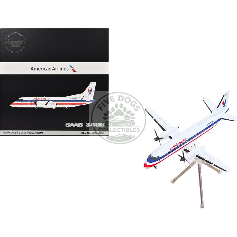 saab 340b commercial aircraft "american eagle" (n389ae) white with red and blue stripes "gemini 200" series 1/200 diecast model airplane by geminijets