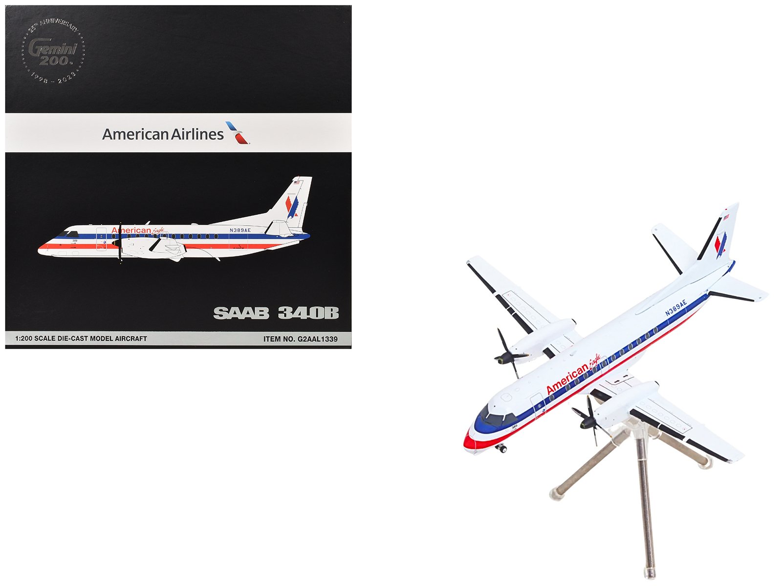 saab 340b commercial aircraft "american eagle" (n389ae) white with red and blue stripes "gemini 200" series 1/200 diecast model airplane by geminijets saab 340b commercial aircraft "american eagle" (n389ae) white with red and blue stripes "gemini 200" series 1/200 diecast model airplane by geminijets
